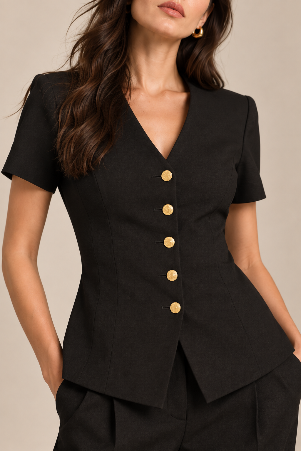 V neck golden vest - Black